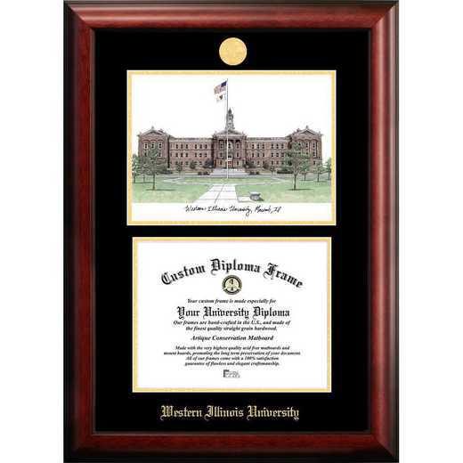 IL978LGED-1185: Western Illinois University 11w x 8.5h Gold Embossed Diploma Frame with Campus Images Lithograph