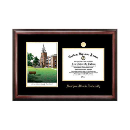 IL972LGED-1185: Southern Illinois University 11w x 8.5h Gold Embossed Diploma Frame with Campus Images Lithograph