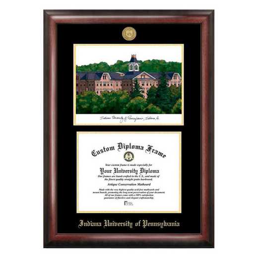 PA995LGED-1185: Indiana University of Pennsylvania 11w x 8.5h Gold Embossed Diploma Frame with Campus Images Lithograph