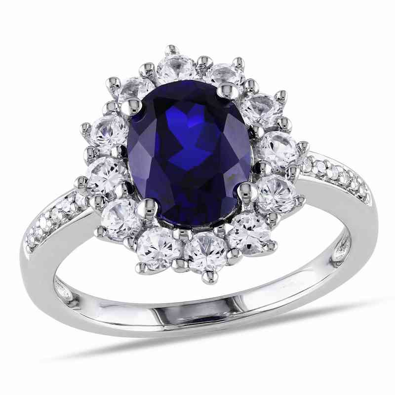 Created Blue and White Sapphire DiamondAccent Oval Halo Ring in Sterling Silver