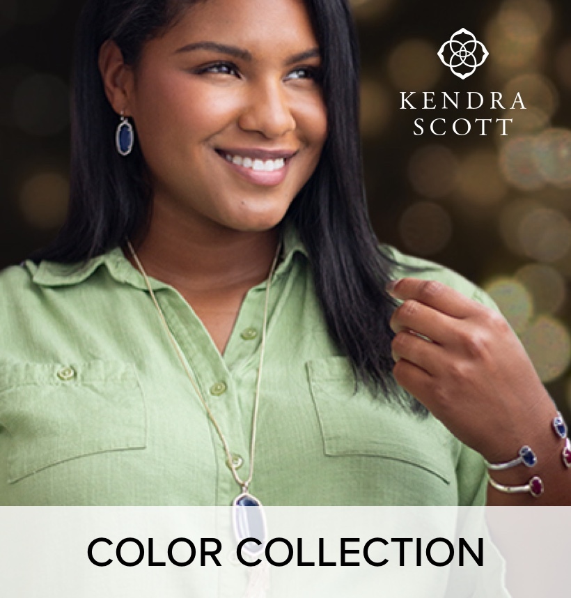 A woman wearing, Kendra Scott Color Collection Necklace, bracelets and earrings