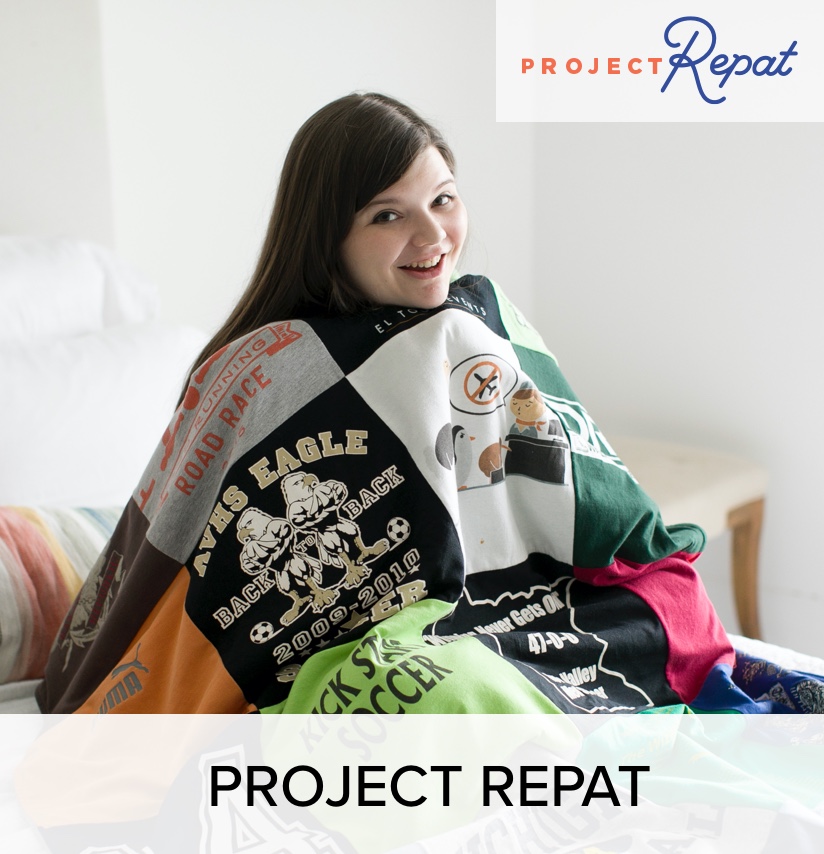  woman sitting on a couch, with a customized tshirt quilt.