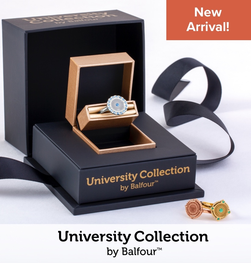 A University Collection ring, presented; inside of a decorative double gift box, with a ribbon