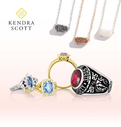 kendra scott class rings, and necklace with text promotion: free gift with purchase of any class jewelry
