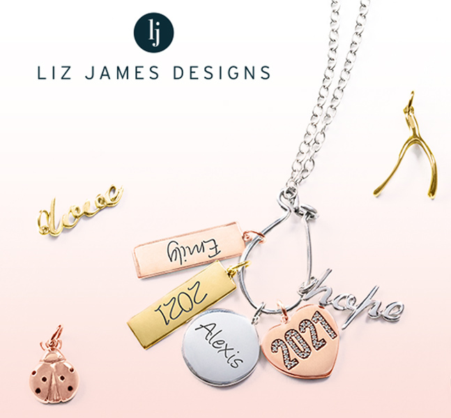 Liz James charm necklaces, surrounded by various; individual charms