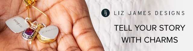Text that says 'Liz James Designs; Tell your story with charms.'Next to a hand holding a charms.