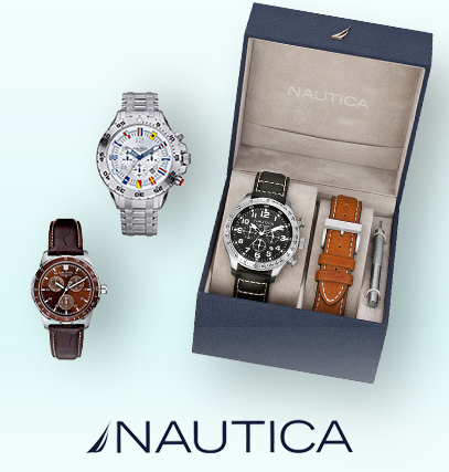 Various Nautica watches , next to two Nautica watches; in a gift box