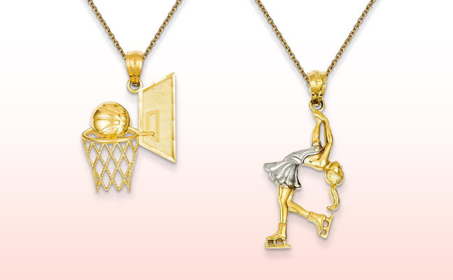 a necklace with a basketball goal and ball, next to a necklace with a figure skater
